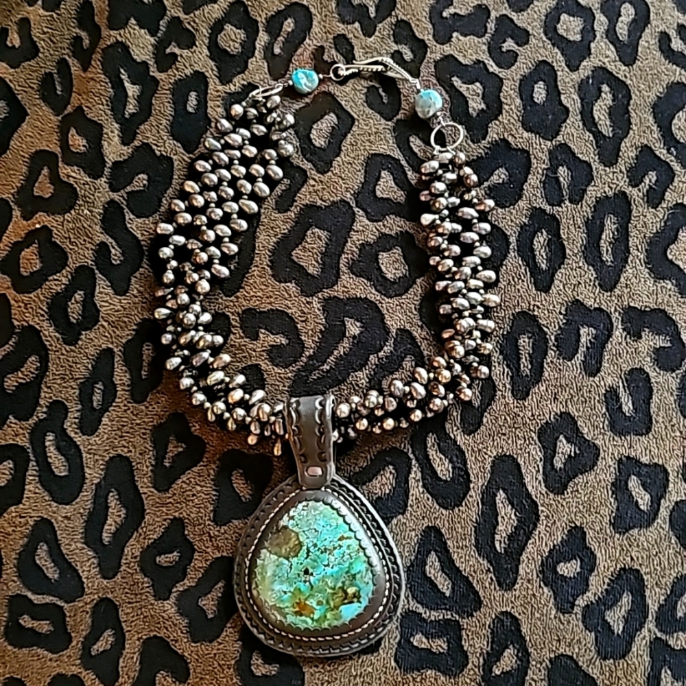 J. FORKS DESIGNS 75 CT  ROYSTON TURQUOISE & PEACOCK FRESHWATER PEARL NECKLACE!
